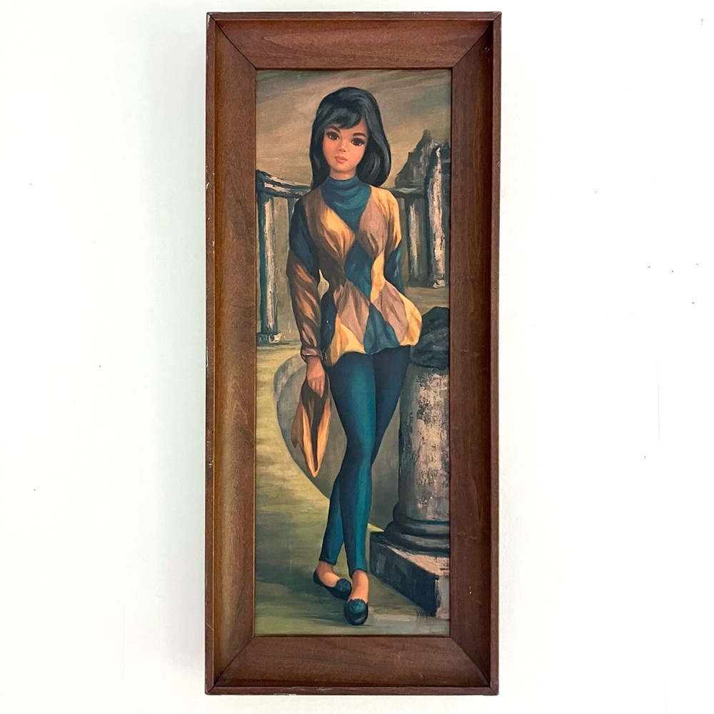 Vintage 60’s mod big eyes harlequin girl litho framed art by Maio